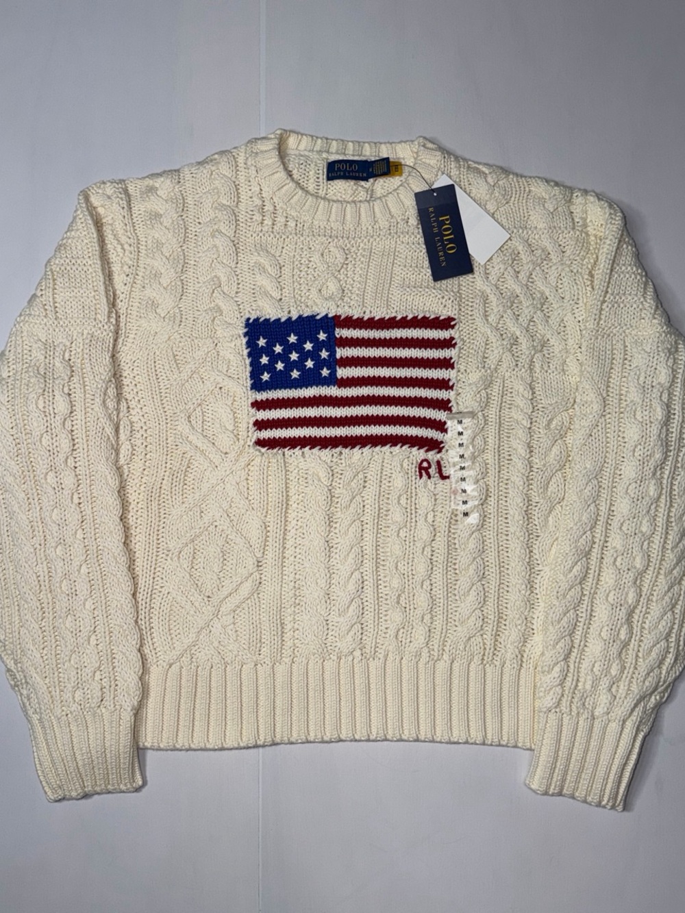 Polo by Ralph Lauren Aran Stitch American Flag Intarsia Crewneck Sweater M NWT - Picture 4 of 12